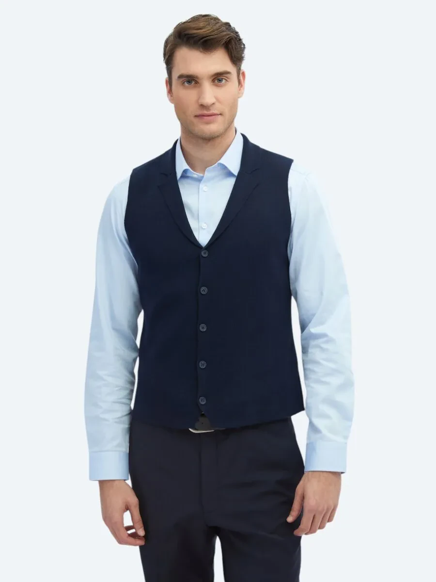 Navy Blue Plain Knitting Knit Vest - 1