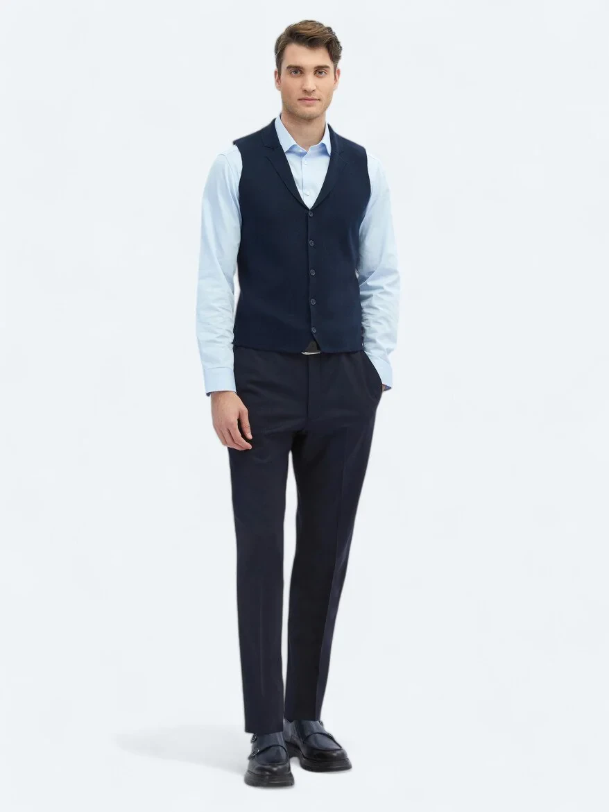 Navy Blue Plain Knitting Knit Vest - 2