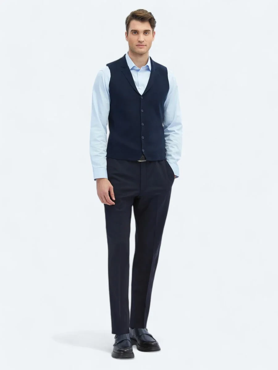 Navy Blue Plain Knitting Knit Vest - 2