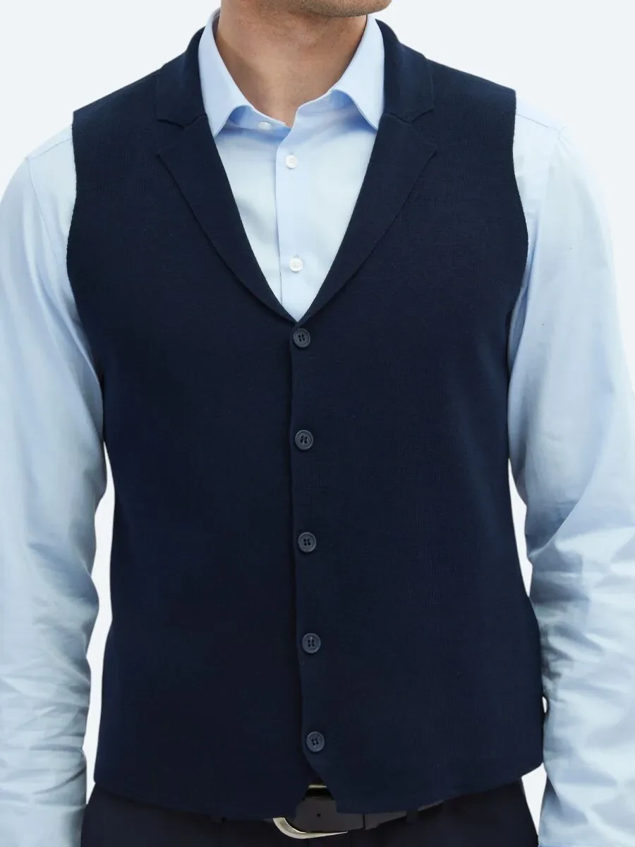 Navy Blue Plain Knitting Knit Vest - 3