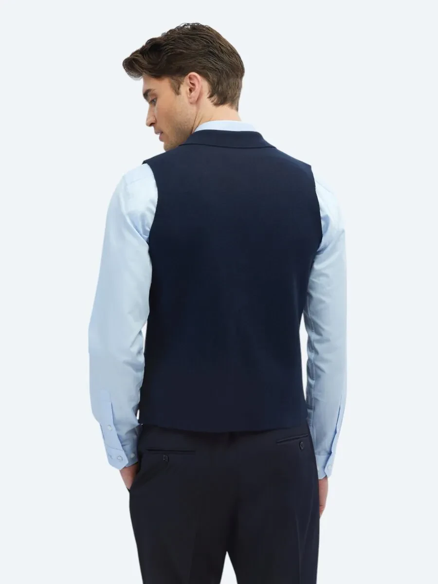 Navy Blue Plain Knitting Knit Vest - 4