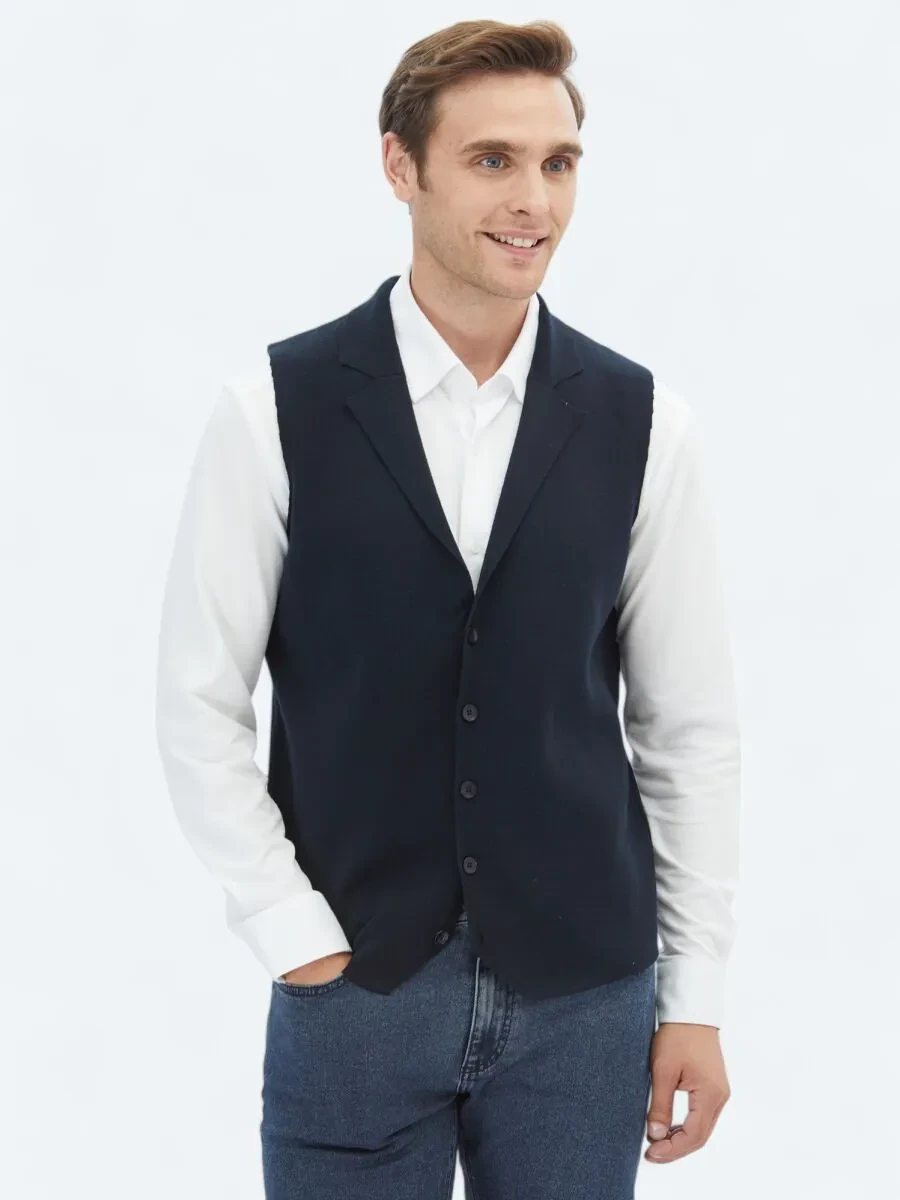 Navy Blue Plain Knitting Knit Vest - 1