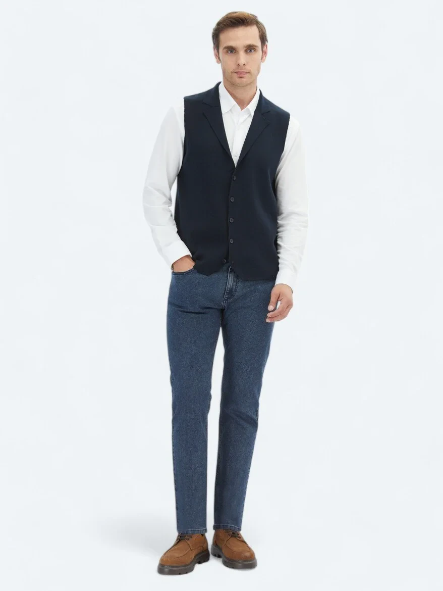 Navy Blue Plain Knitting Knit Vest - 2