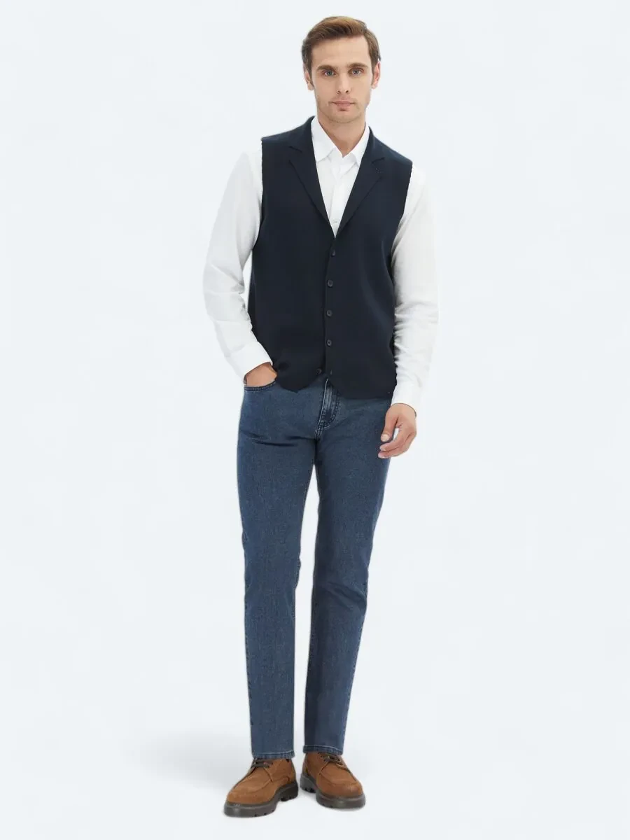 Navy Blue Plain Knitting Knit Vest - 2