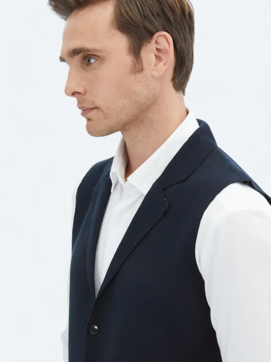 Navy Blue Plain Knitting Knit Vest - 3