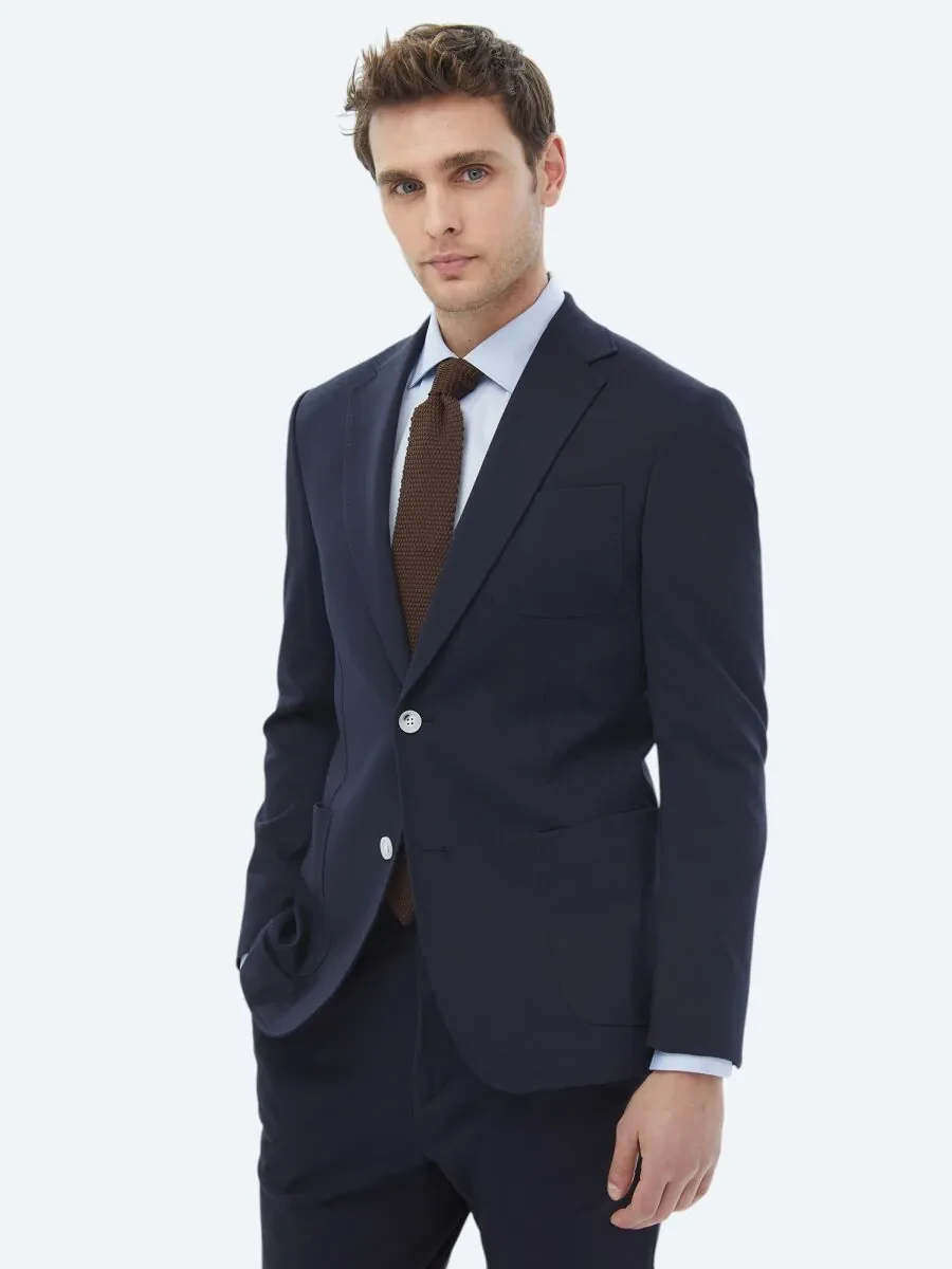 Navy Blue Plain Modern Fit Cotton Blended Suit - 4