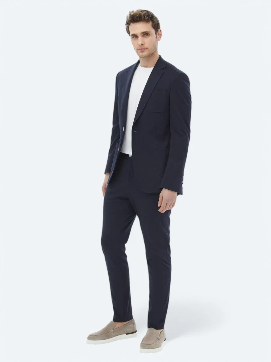 Navy Blue Plain Modern Fit Cotton Blended Suit - 9