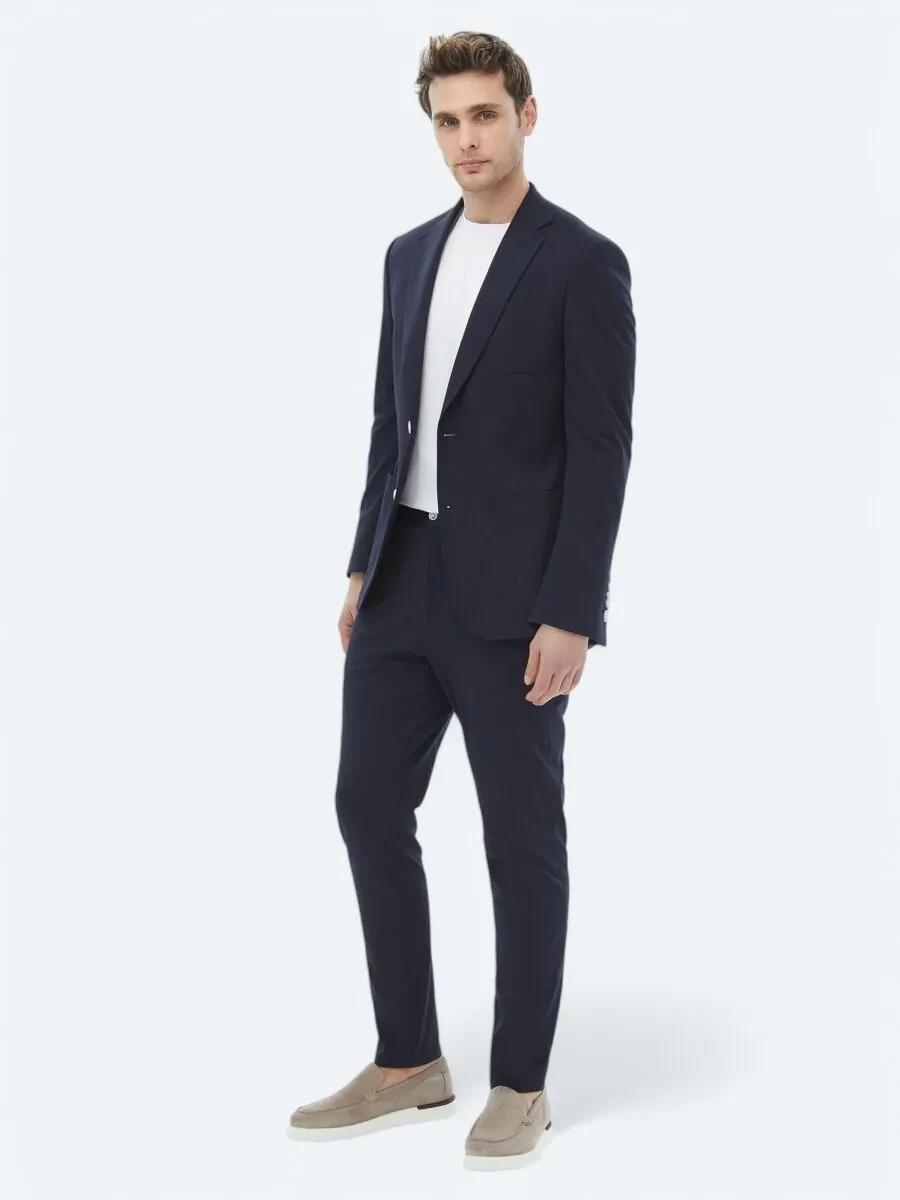 Navy Blue Plain Modern Fit Cotton Blended Suit - 9