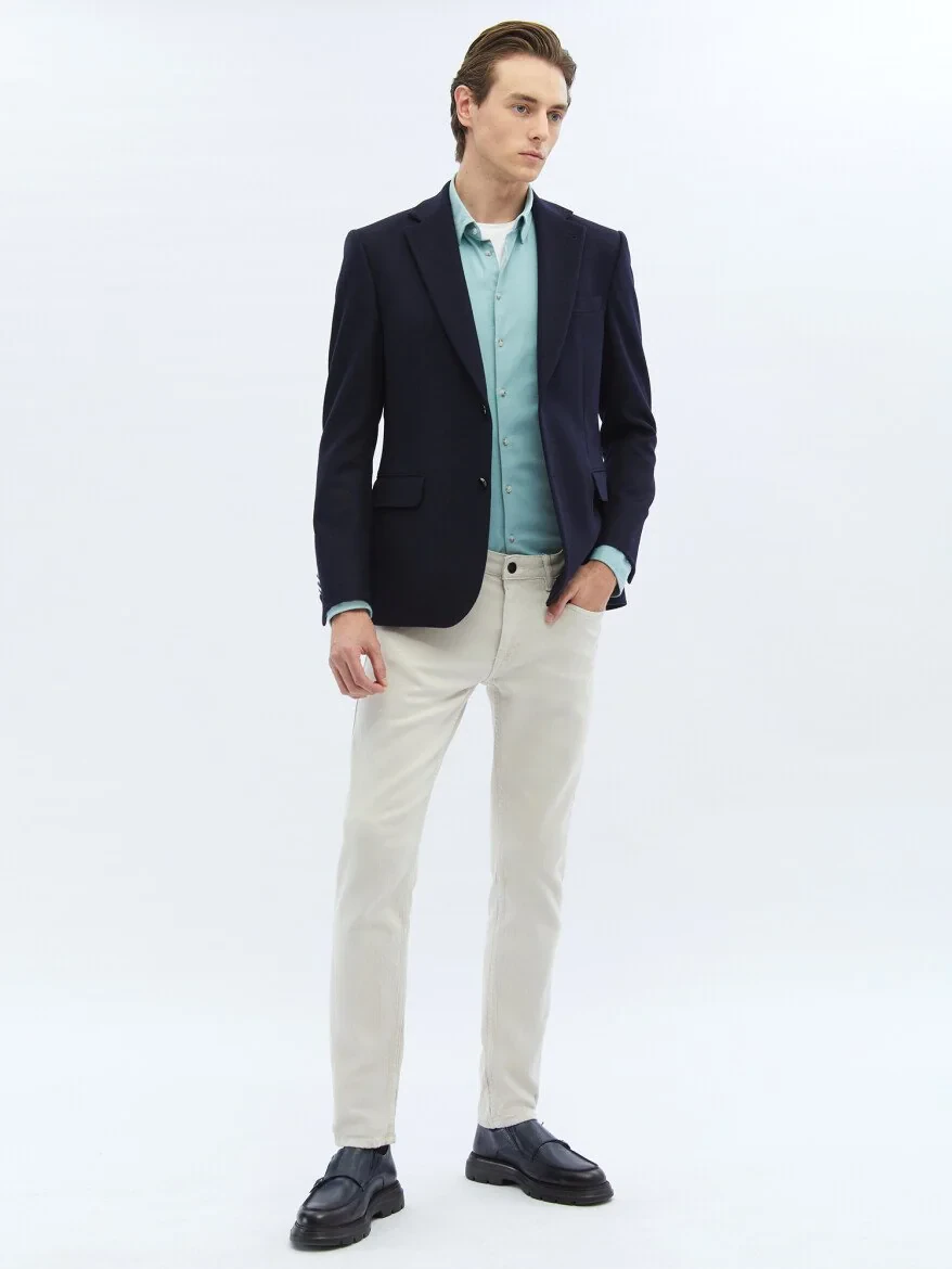 Navy Blue Plain Modern Fit Wool Blended Jacket - 1