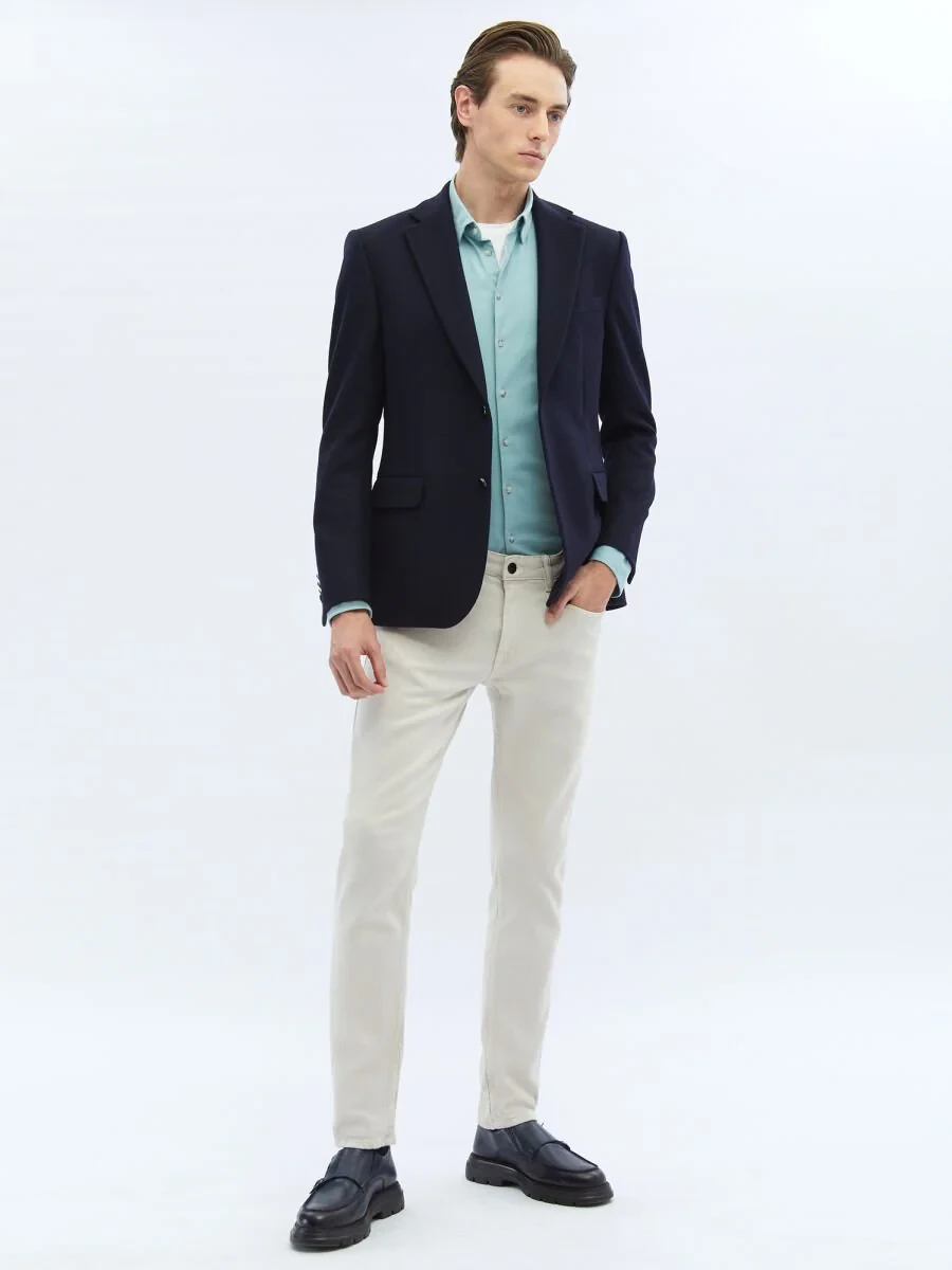 Navy Blue Plain Modern Fit Wool Blended Jacket - 1