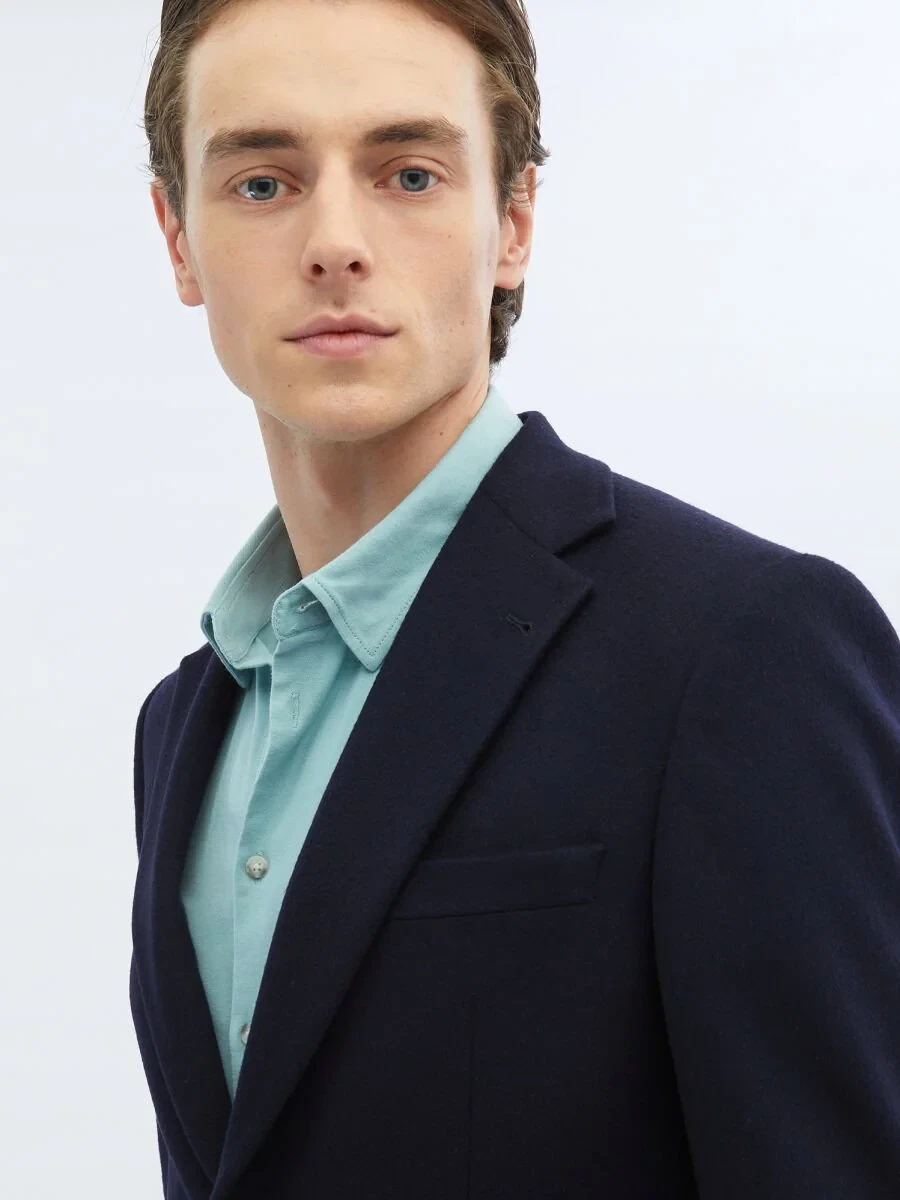 Navy Blue Plain Modern Fit Wool Blended Jacket - 2