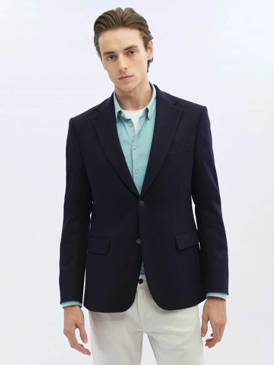 Navy Blue Plain Modern Fit Wool Blended Jacket - 3