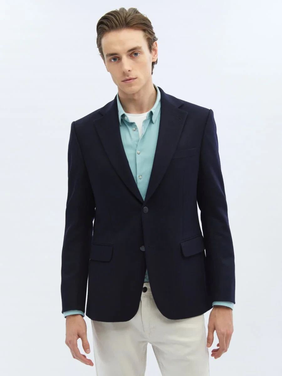 Navy Blue Plain Modern Fit Wool Blended Jacket - 3