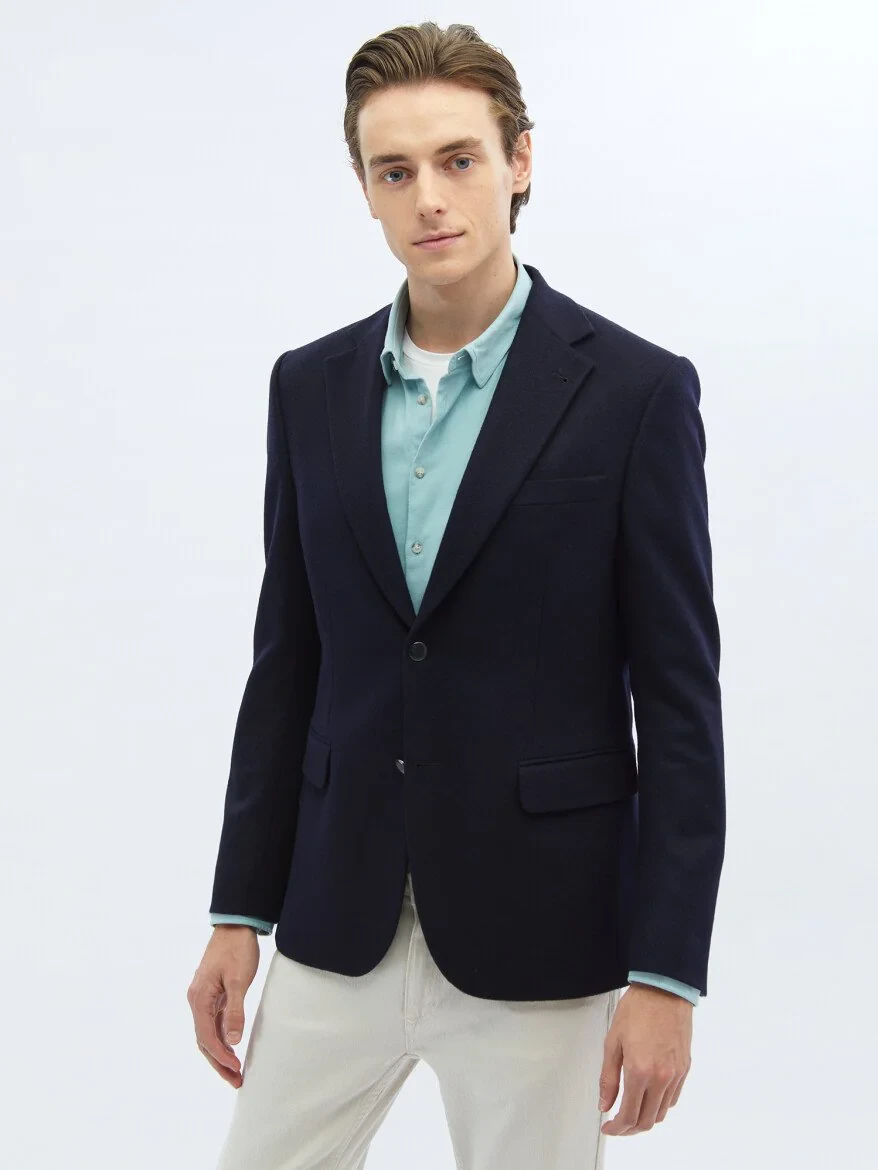 Navy Blue Plain Modern Fit Wool Blended Jacket - 4