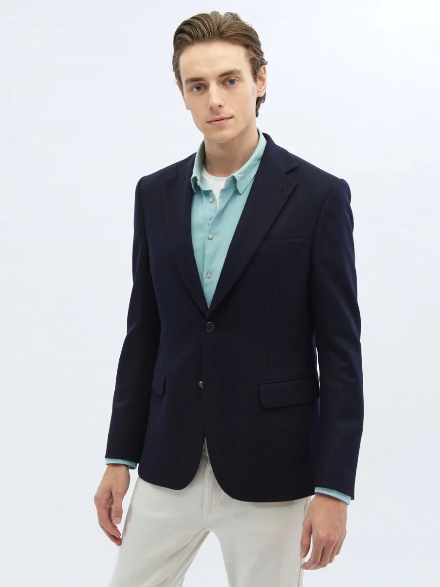 Navy Blue Plain Modern Fit Wool Blended Jacket - 4