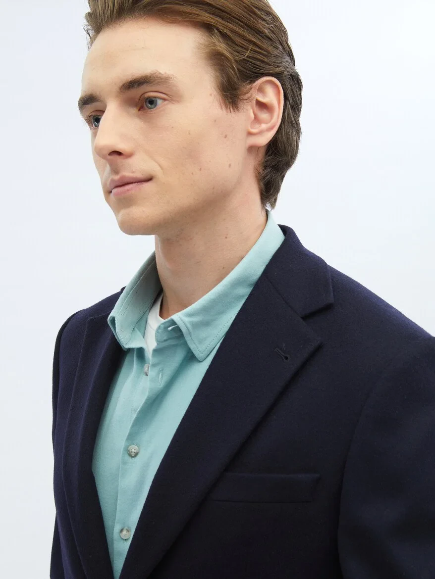 Navy Blue Plain Modern Fit Wool Blended Jacket - 5