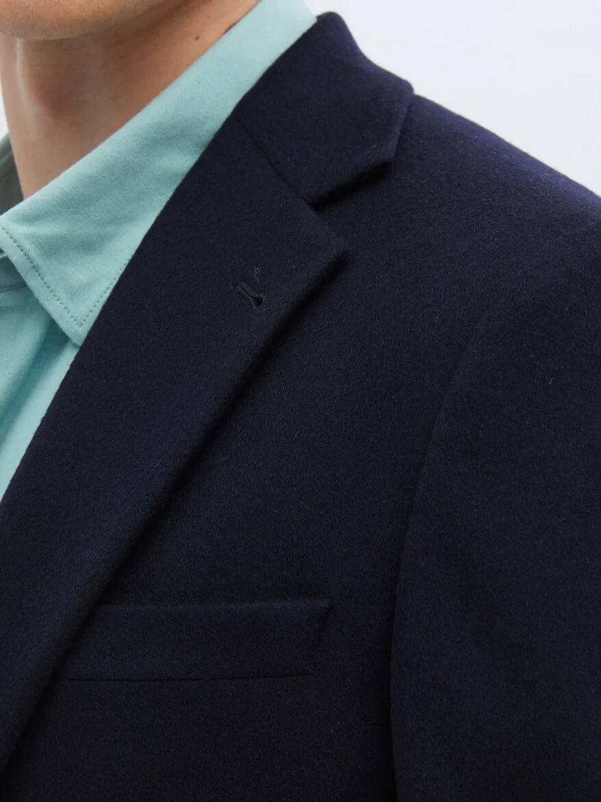Navy Blue Plain Modern Fit Wool Blended Jacket - 6