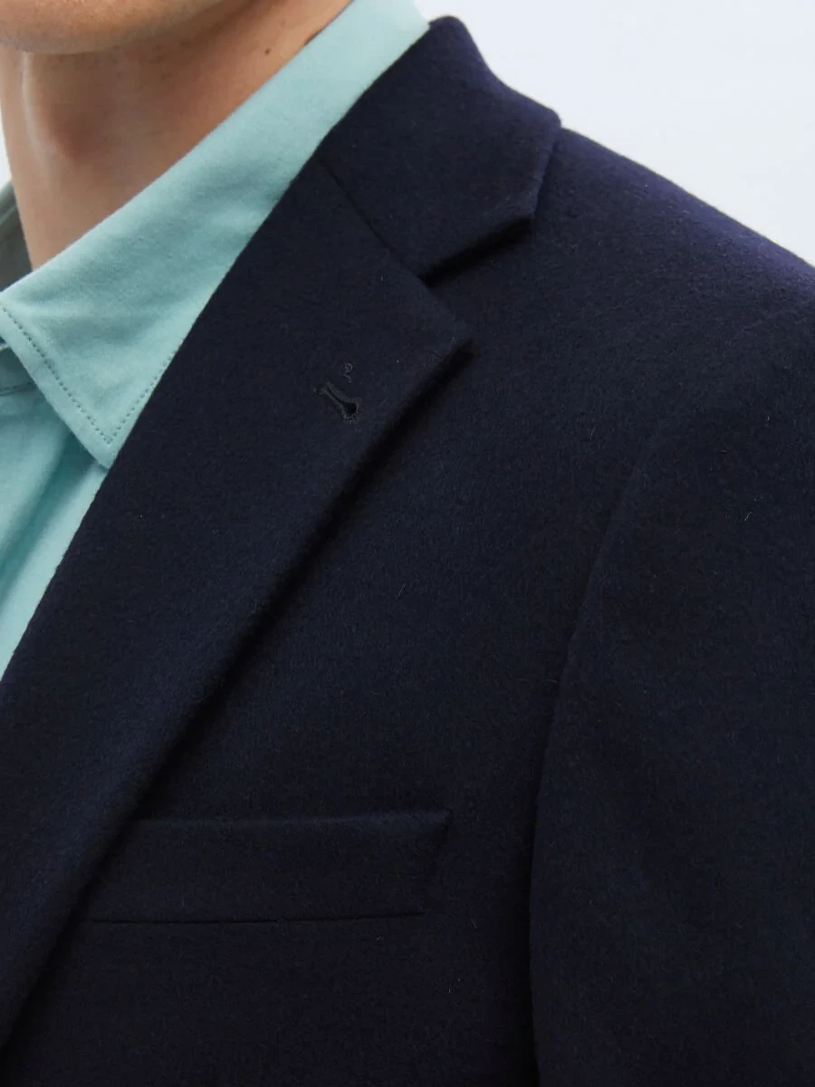 Navy Blue Plain Modern Fit Wool Blended Jacket - 6