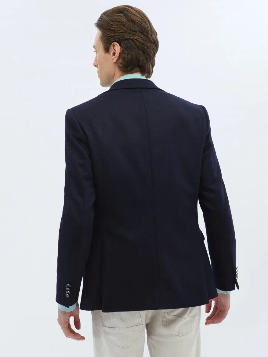 Navy Blue Plain Modern Fit Wool Blended Jacket - 7