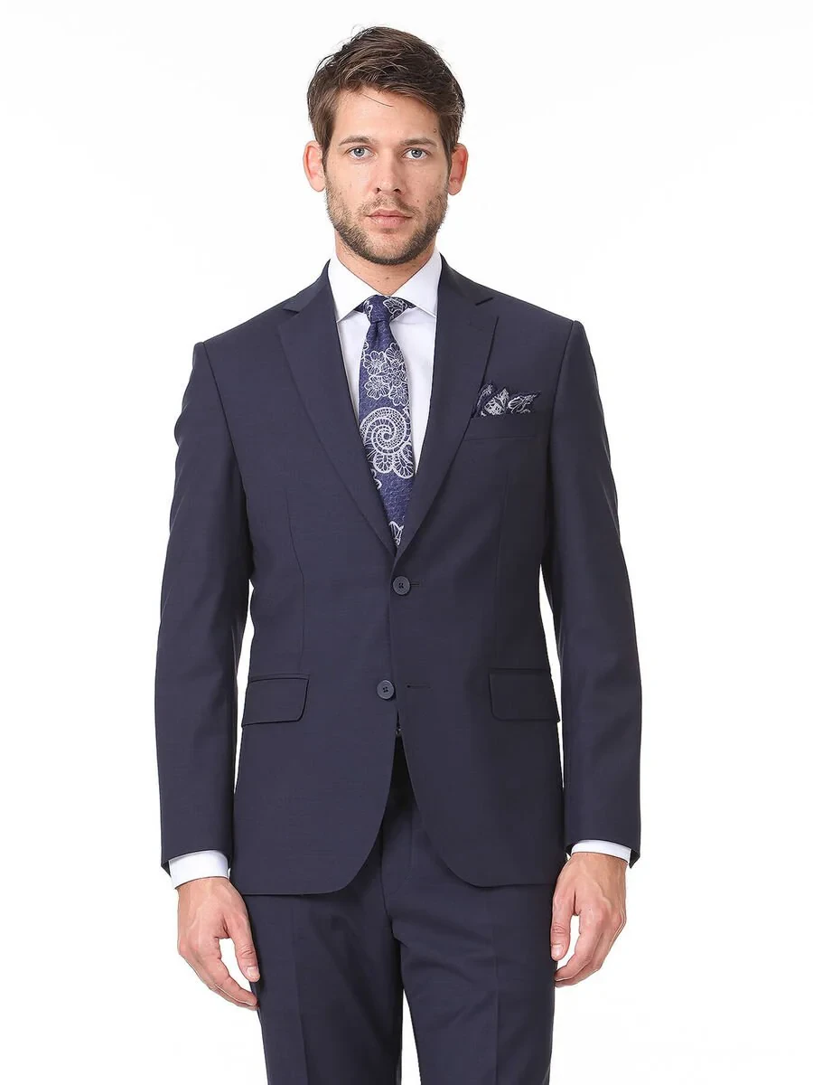 Navy Blue Plain Modern Fit Wool Blended Suit - 1