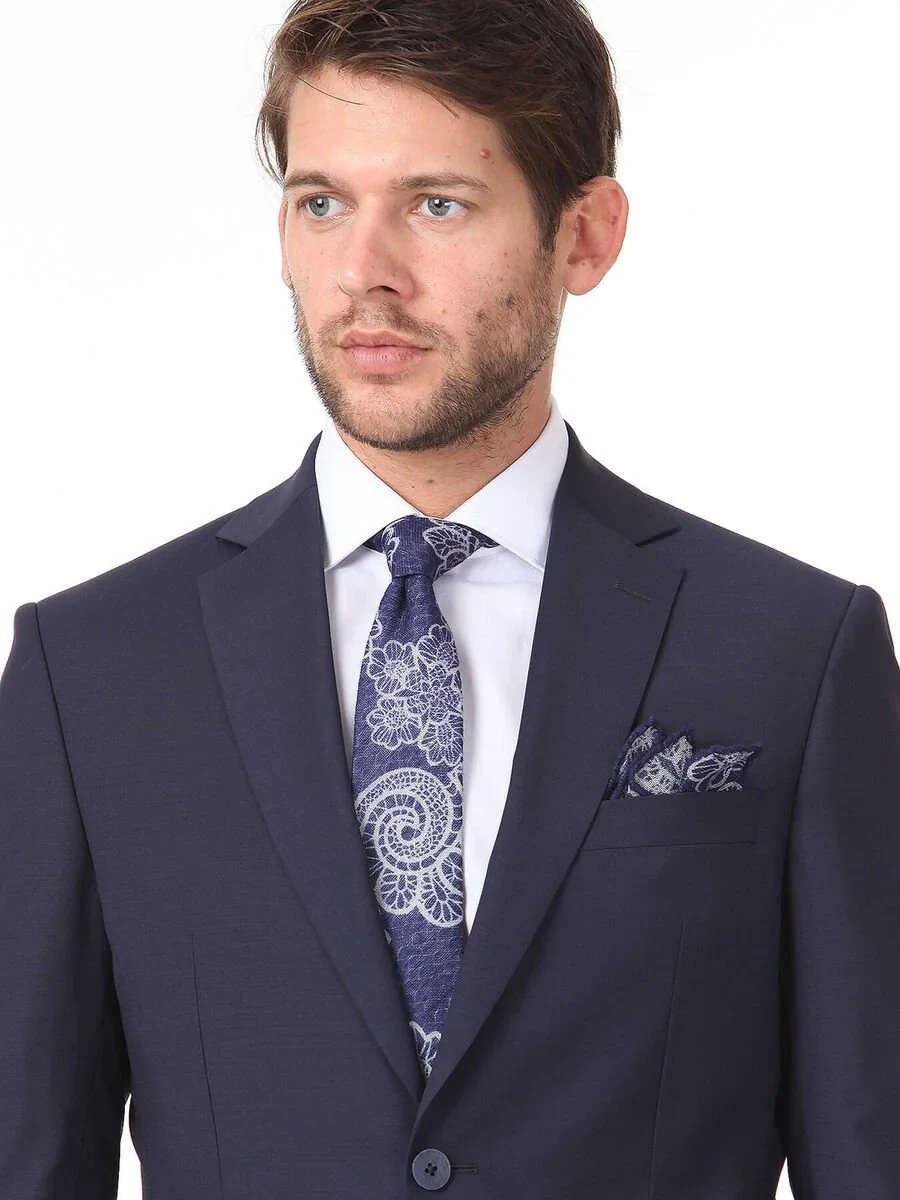 Navy Blue Plain Modern Fit Wool Blended Suit - 2