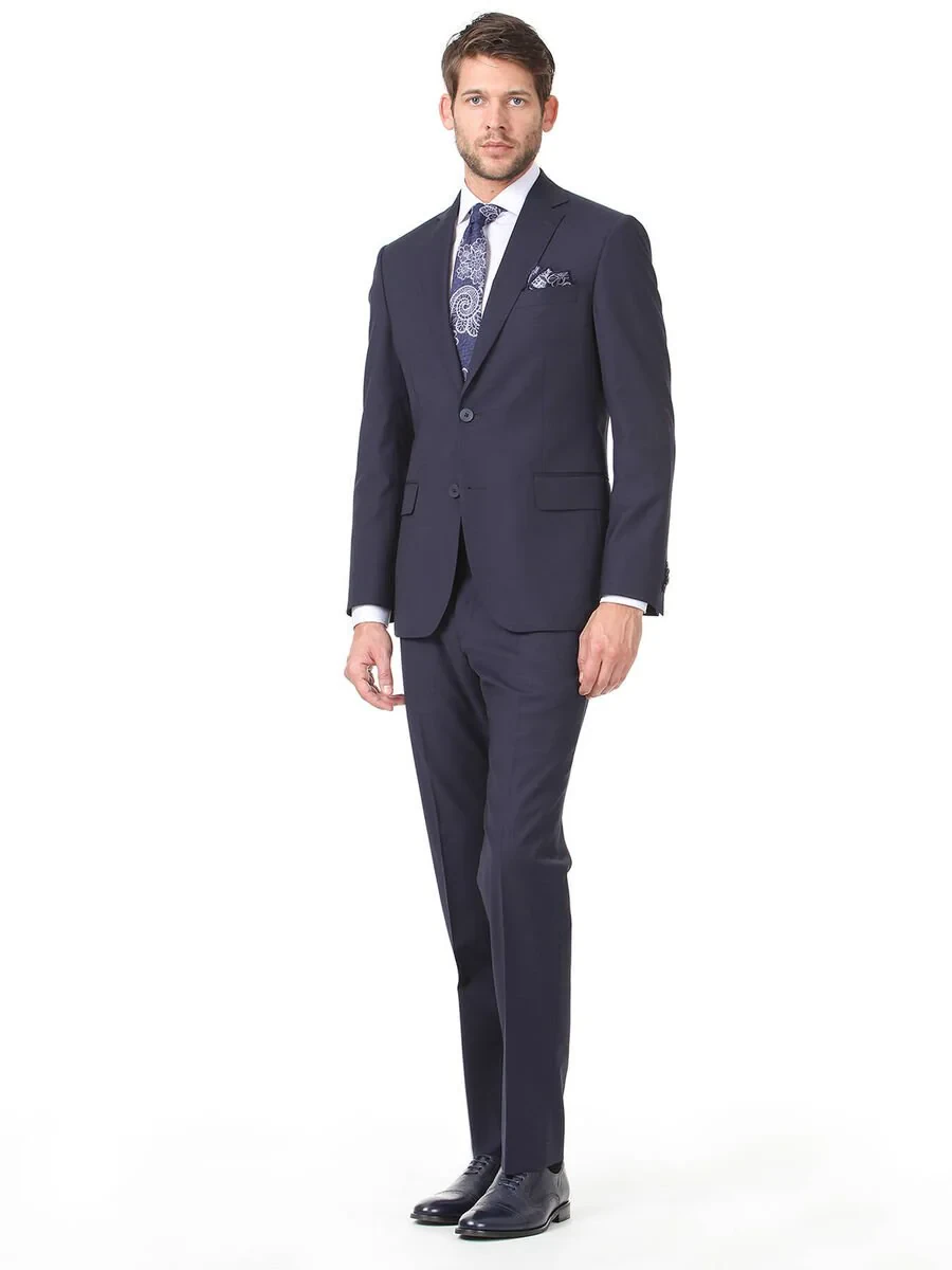 Navy Blue Plain Modern Fit Wool Blended Suit - 3