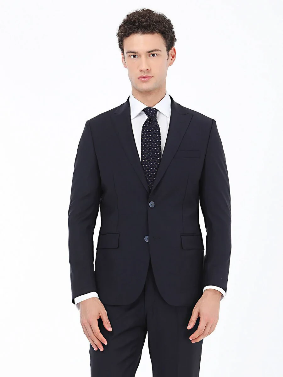 Navy Blue Plain Modern Fit Wool Blended Suit - 1