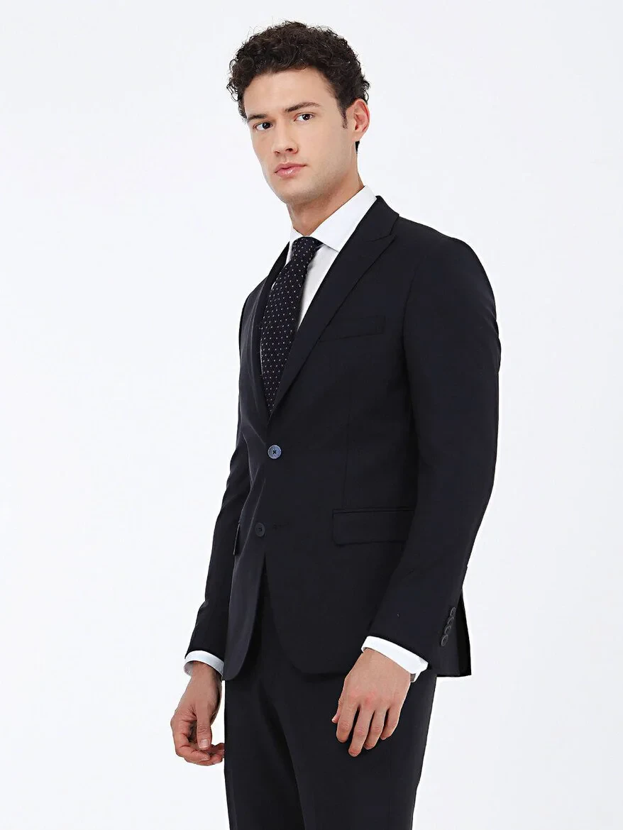 Navy Blue Plain Modern Fit Wool Blended Suit - 3
