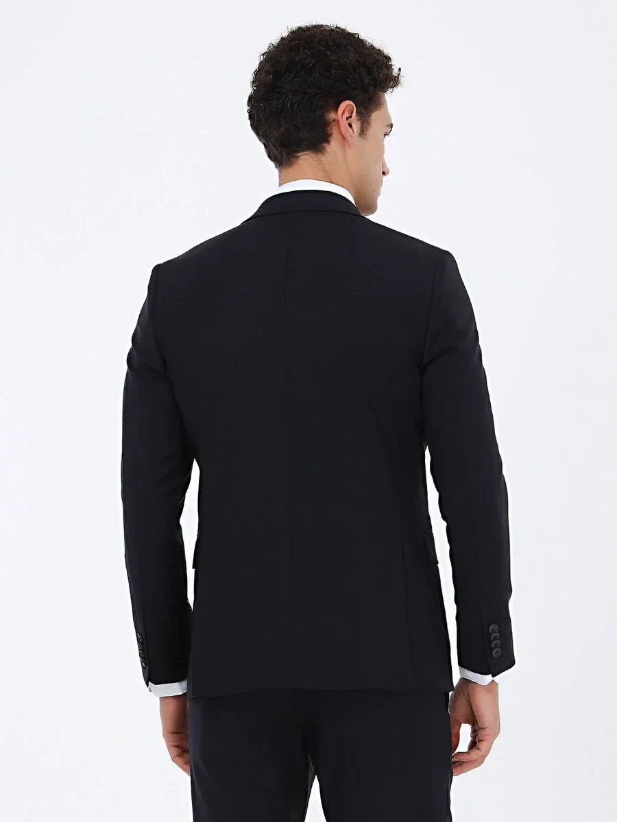 Navy Blue Plain Modern Fit Wool Blended Suit - 5