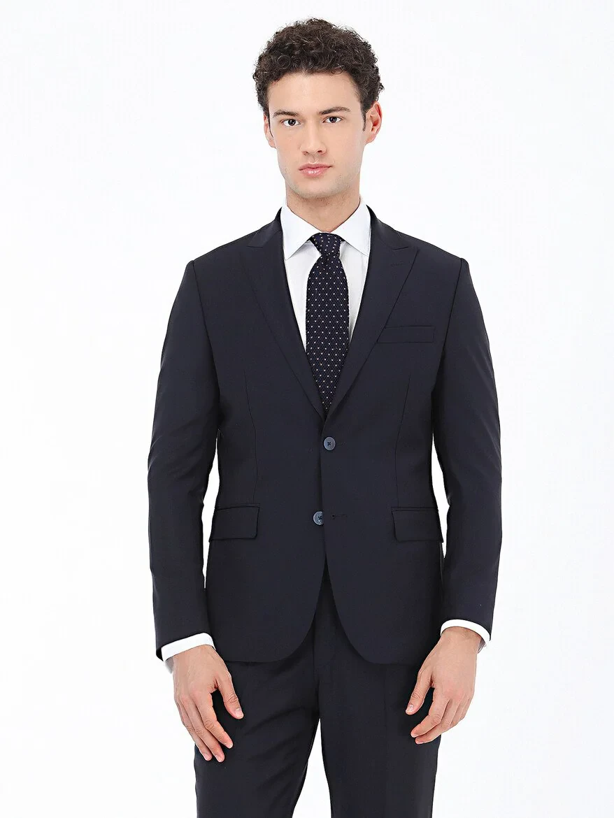 Navy Blue Plain Modern Fit Wool Blended Suit - 1