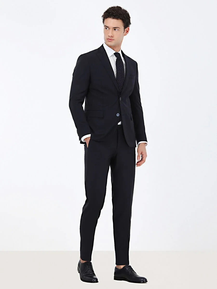 Navy Blue Plain Modern Fit Wool Blended Suit - 2