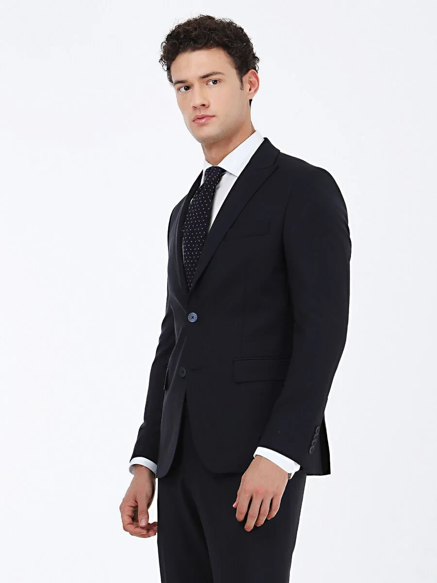 Navy Blue Plain Modern Fit Wool Blended Suit - 3