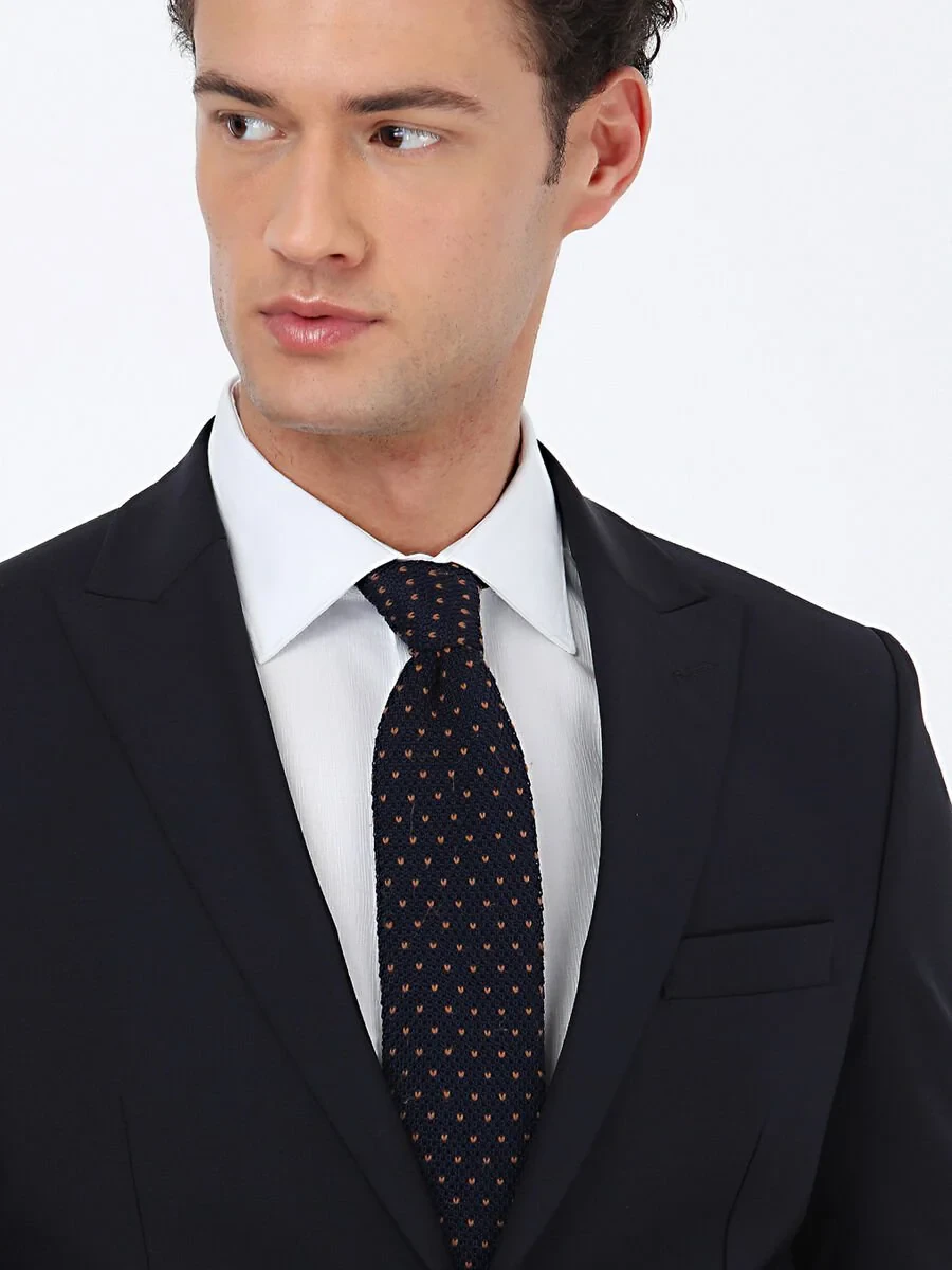Navy Blue Plain Modern Fit Wool Blended Suit - 4