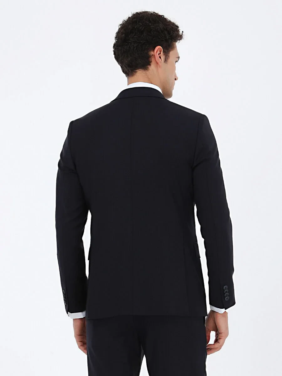 Navy Blue Plain Modern Fit Wool Blended Suit - 5
