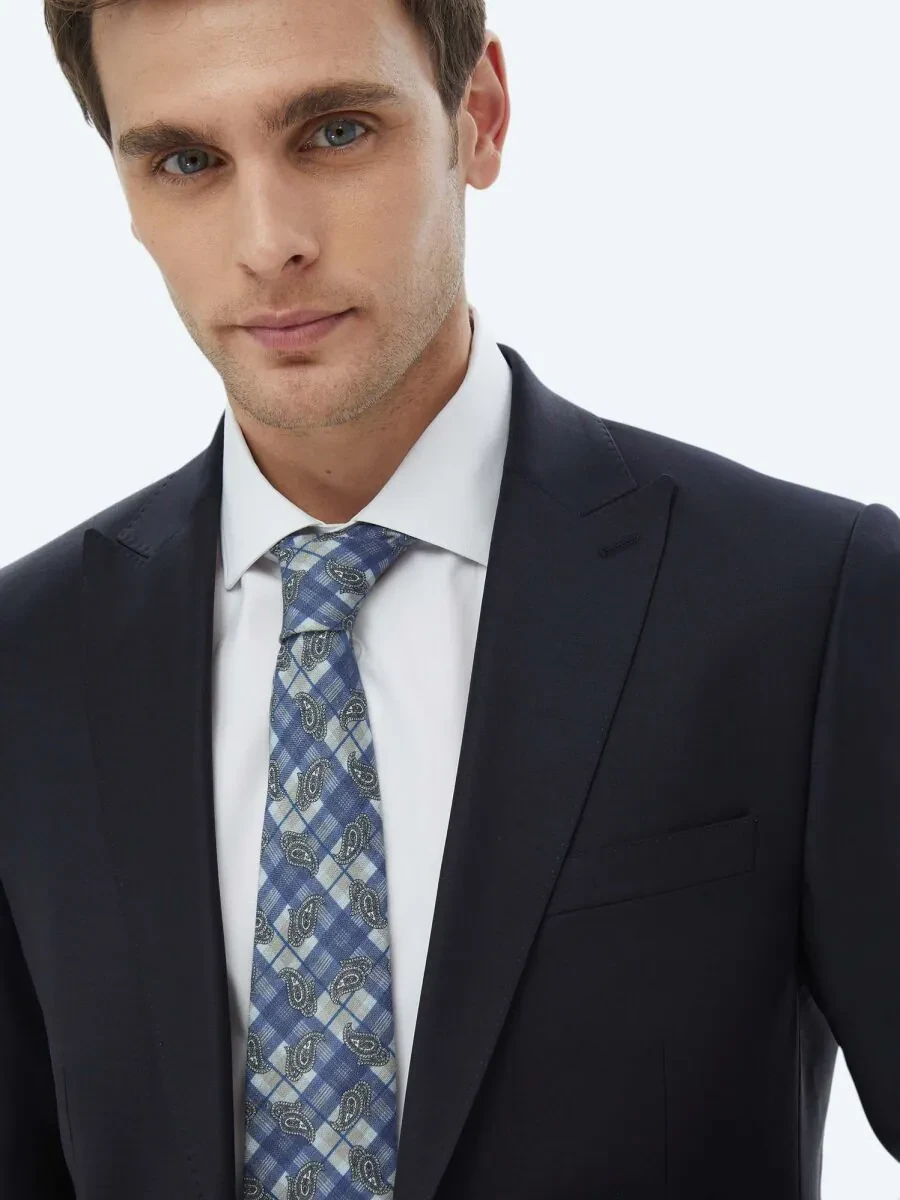Navy Blue Plain Modern Fit Wool Blended Suit - 4