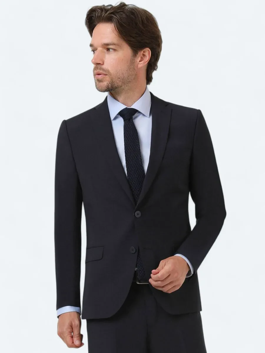 Navy Blue Plain Modern Fit Wool Blended Suit - 1
