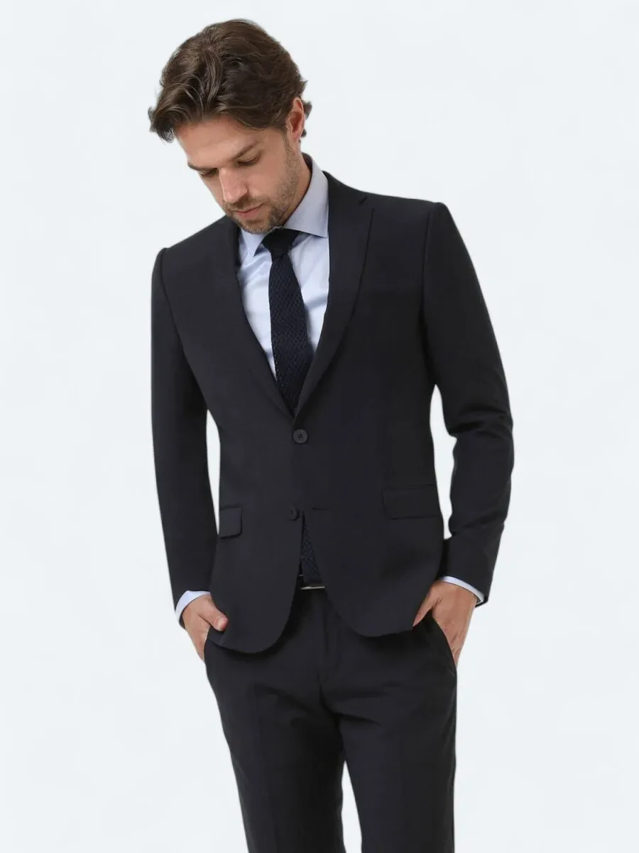Navy Blue Plain Modern Fit Wool Blended Suit - 3