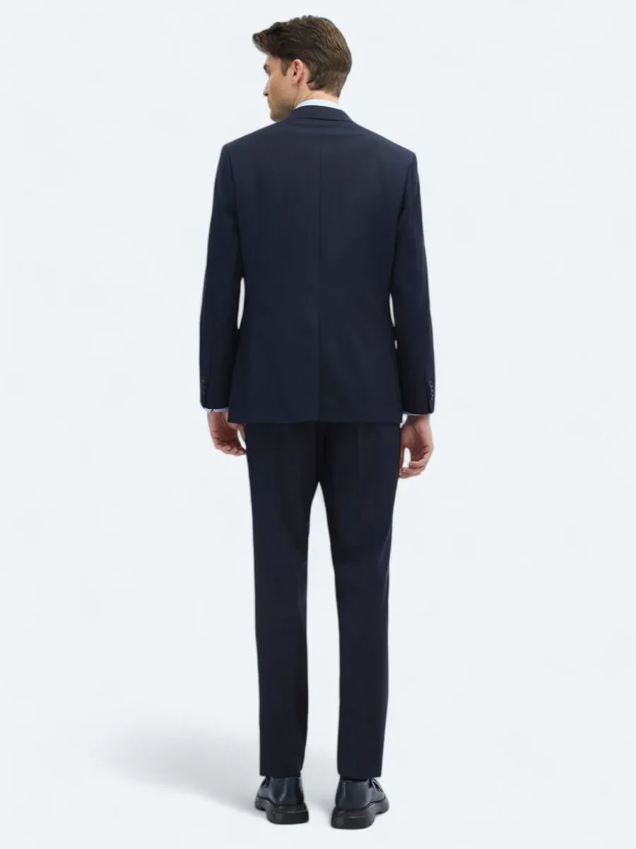 Navy Blue Plain Modern Fit Wool Blended Suit - 5
