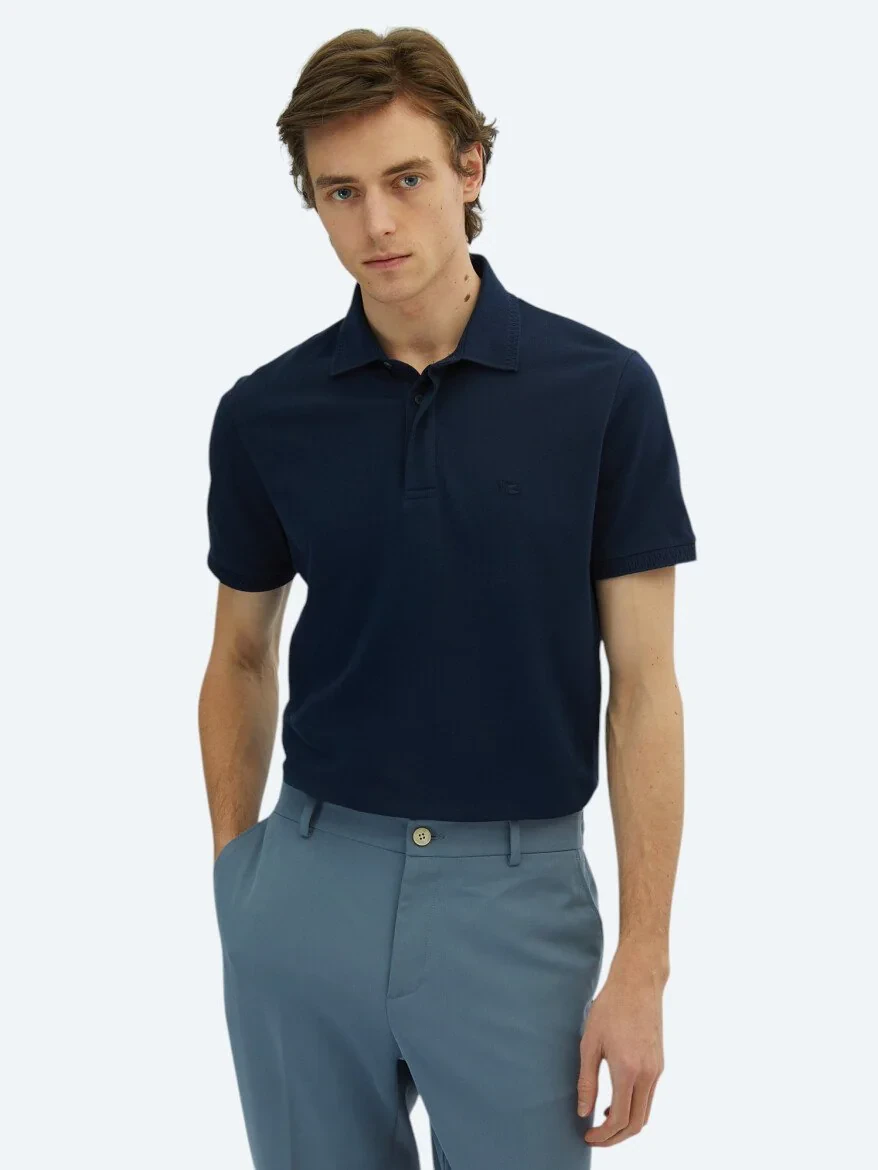 Navy Blue Plain Polo Neck 100% Cotton T-Shirt - 1