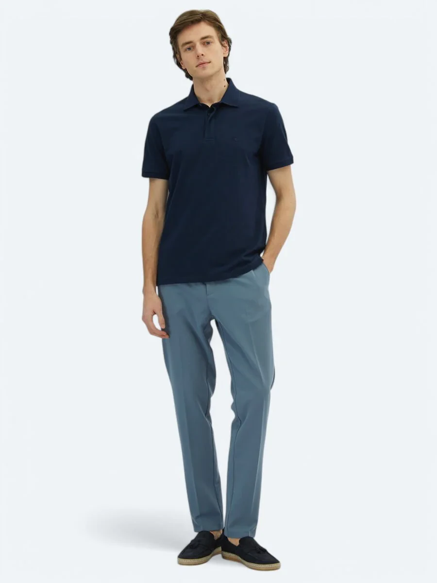 Navy Blue Plain Polo Neck 100% Cotton T-Shirt - 2