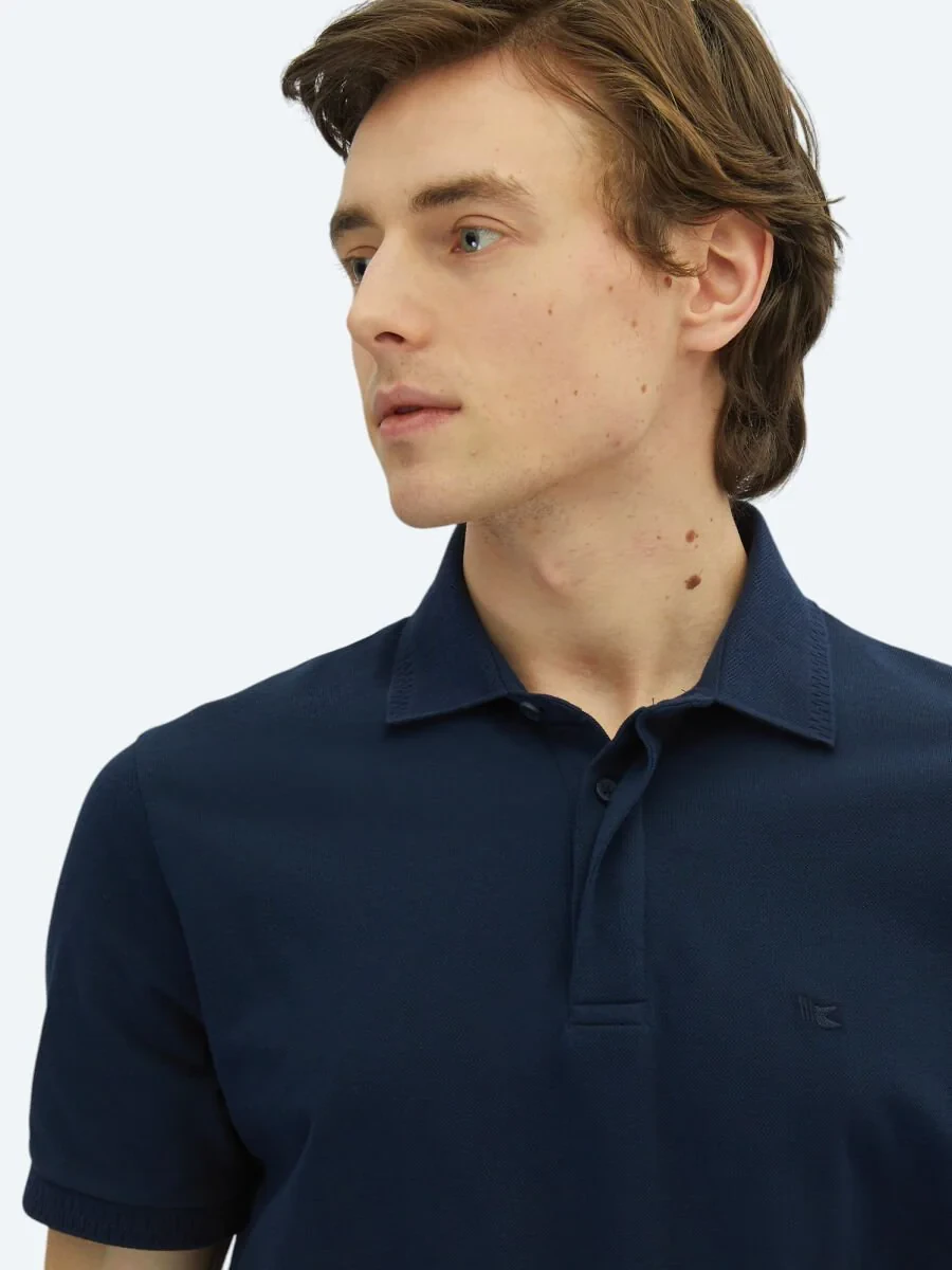 Navy Blue Plain Polo Neck 100% Cotton T-Shirt - 3