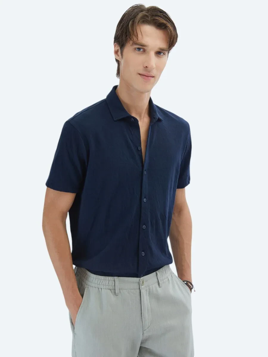 Navy Blue Plain Regular Fit Knitting Casual Cotton Blended Shirt - 1