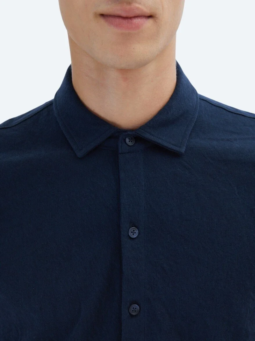 Navy Blue Plain Regular Fit Knitting Casual Cotton Blended Shirt 