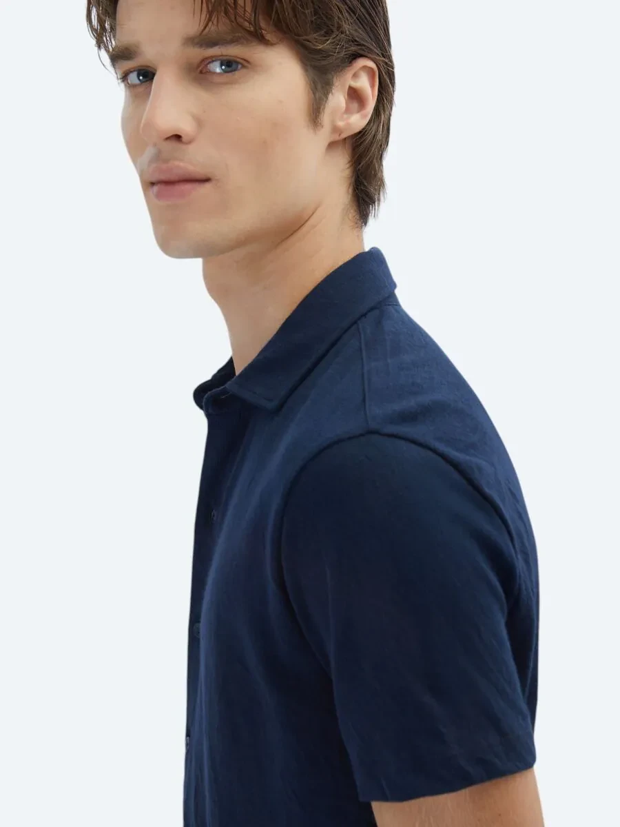 Navy Blue Plain Regular Fit Knitting Casual Cotton Blended Shirt - 5