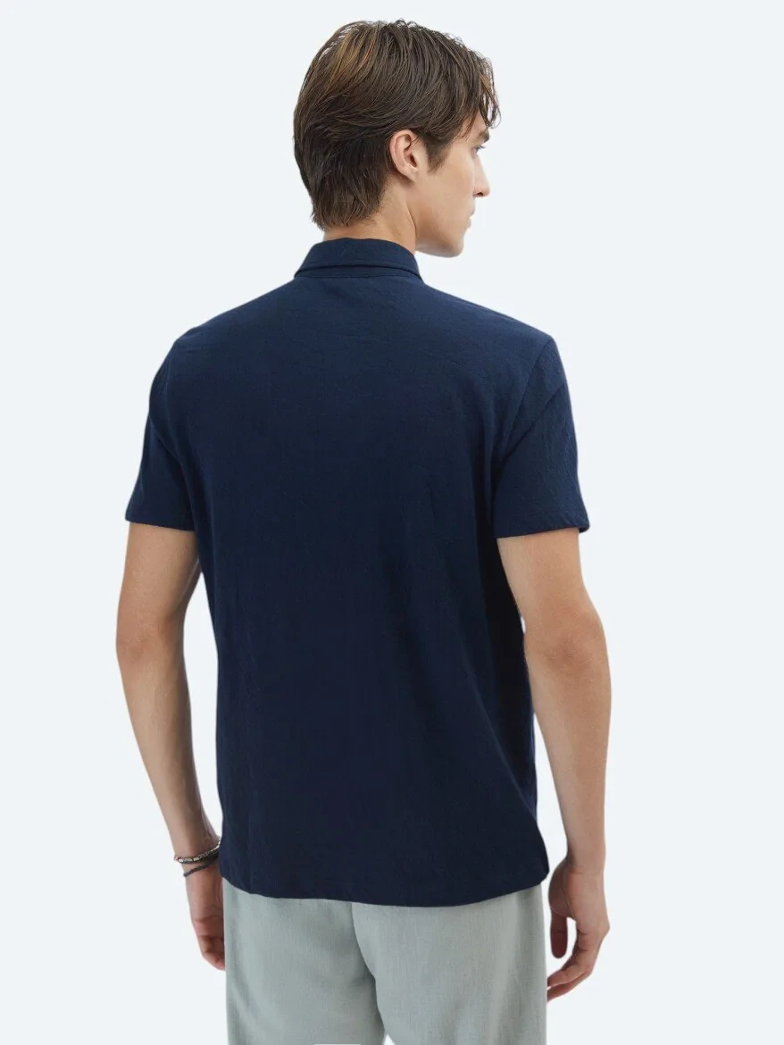 Navy Blue Plain Regular Fit Knitting Casual Cotton Blended Shirt - 6