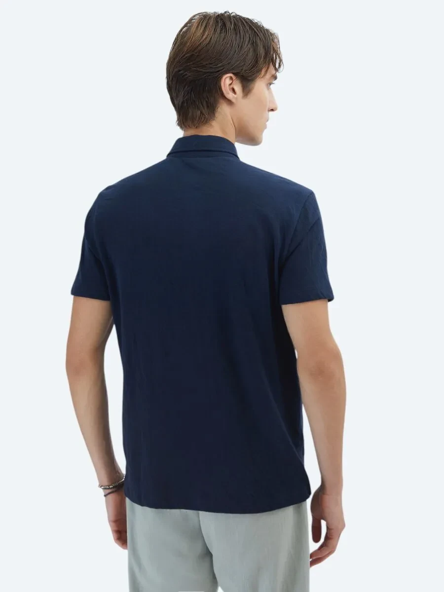 Navy Blue Plain Regular Fit Knitting Casual Cotton Blended Shirt - 6