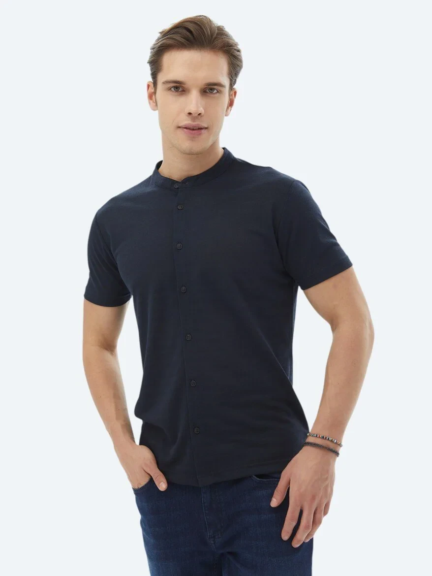 Navy Blue Plain Regular Fit Knitting Casual Shirt - 1