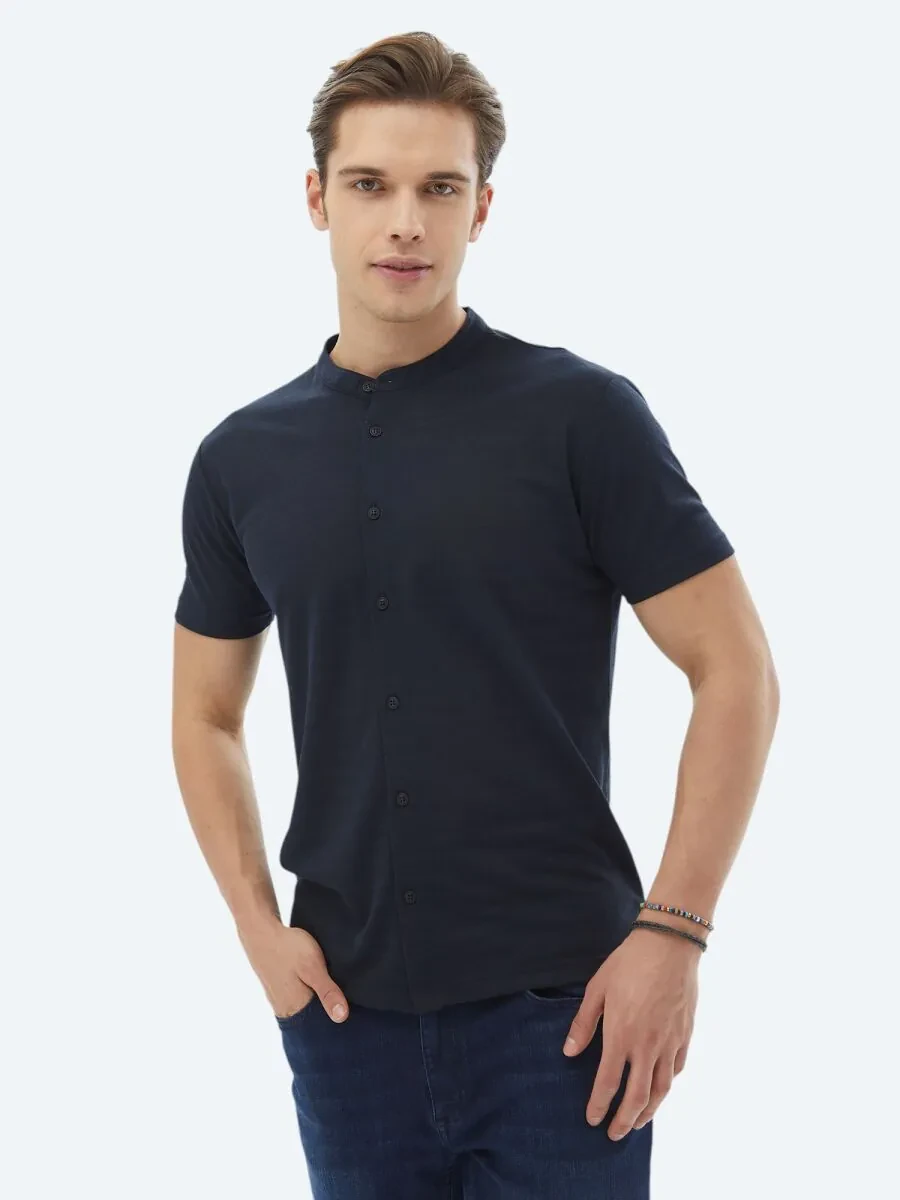 Navy Blue Plain Regular Fit Knitting Casual Shirt - 1