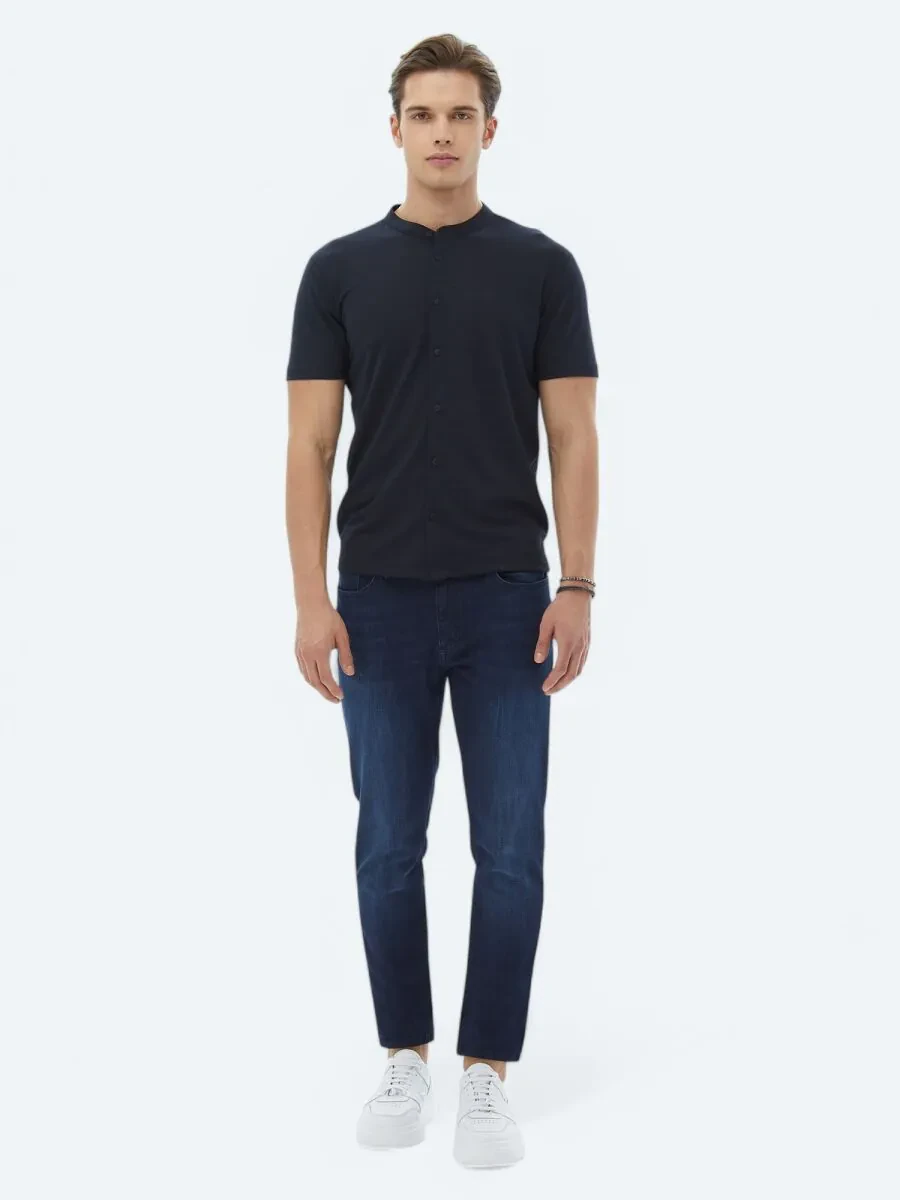 Navy Blue Plain Regular Fit Knitting Casual Shirt - 2