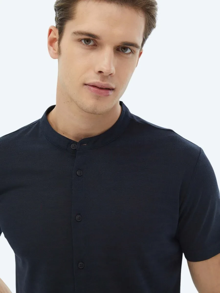 Navy Blue Plain Regular Fit Knitting Casual Shirt - 3